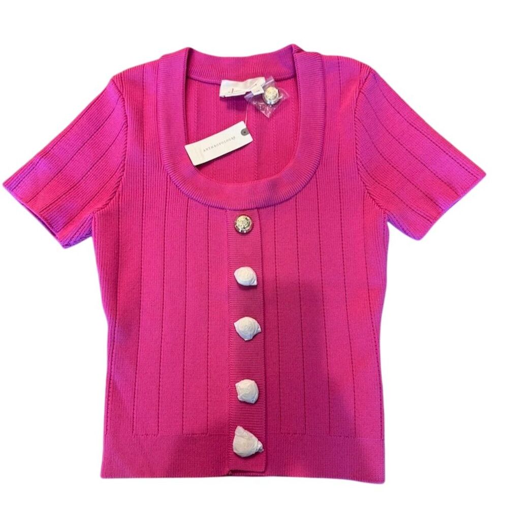 Anthropologie Women's XS Pink Knit Scoop Neck T-Shirt Short Sleeve Casual